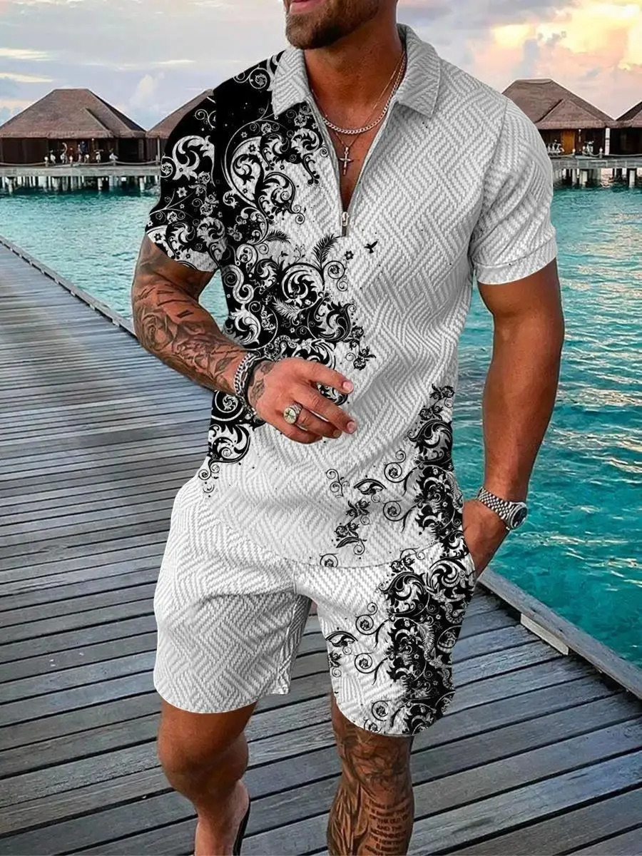 Mens Zipper Collar Polo Shirt And Shorts 2 Piece Set Hawaii Fashion Bohemian Geometric Style 3D Printed Summer Casual Suit 260227