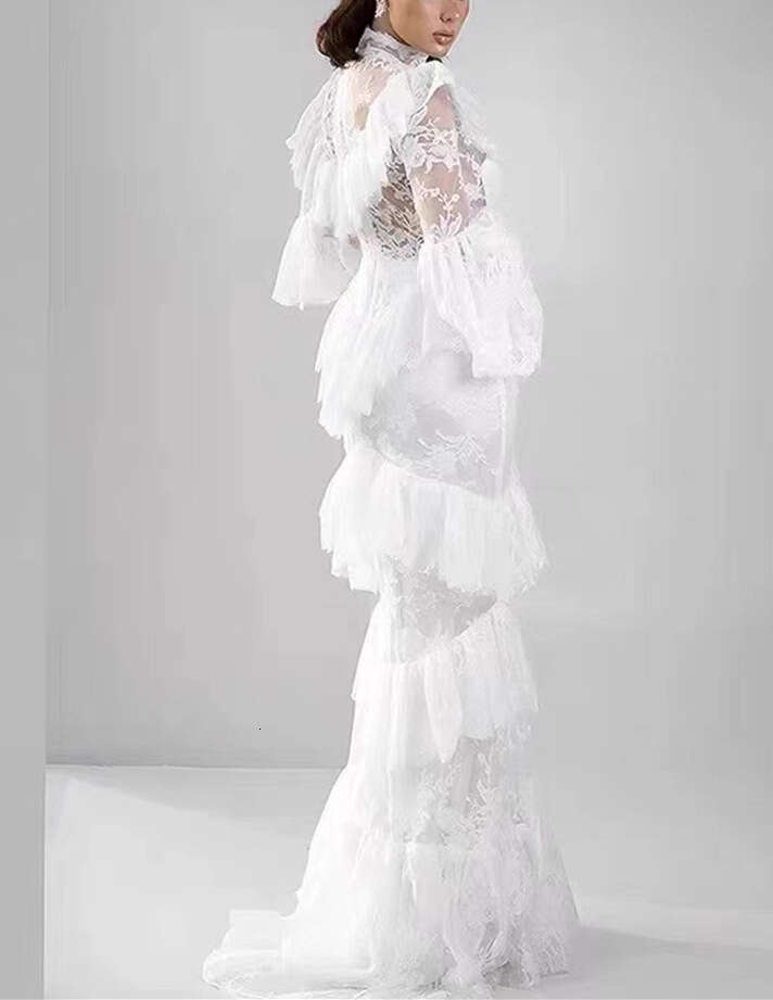 2026 autumn/winter new niche design celebrity goddess transparent lace bell shaped sleeves slim a3 fit fish tail long skirt