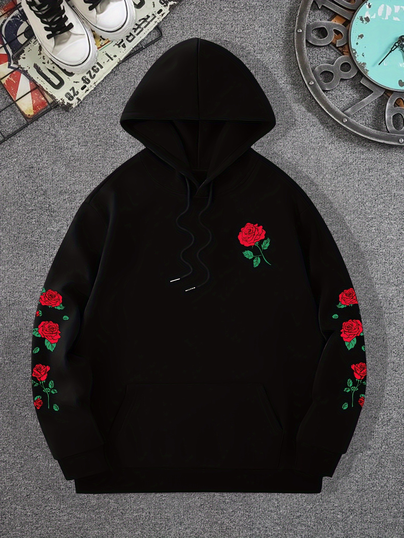 Luxury Brand Designer Clothes Foreign Trade New Printed Red Rose Drop Shoulder Sweatshirt Casual Street Style Unisex Pullover Loose Hoodie