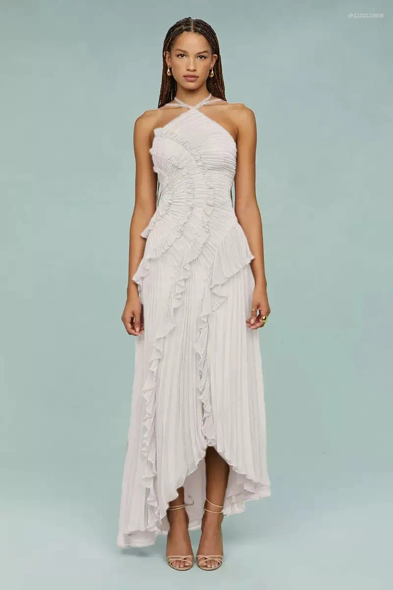 Casual Dresses Elegant Purple Halter A Line Prom Gowns Ruffles Tiered Backless Party Gown Summer Vacation Chiffon Long Evening Dress
