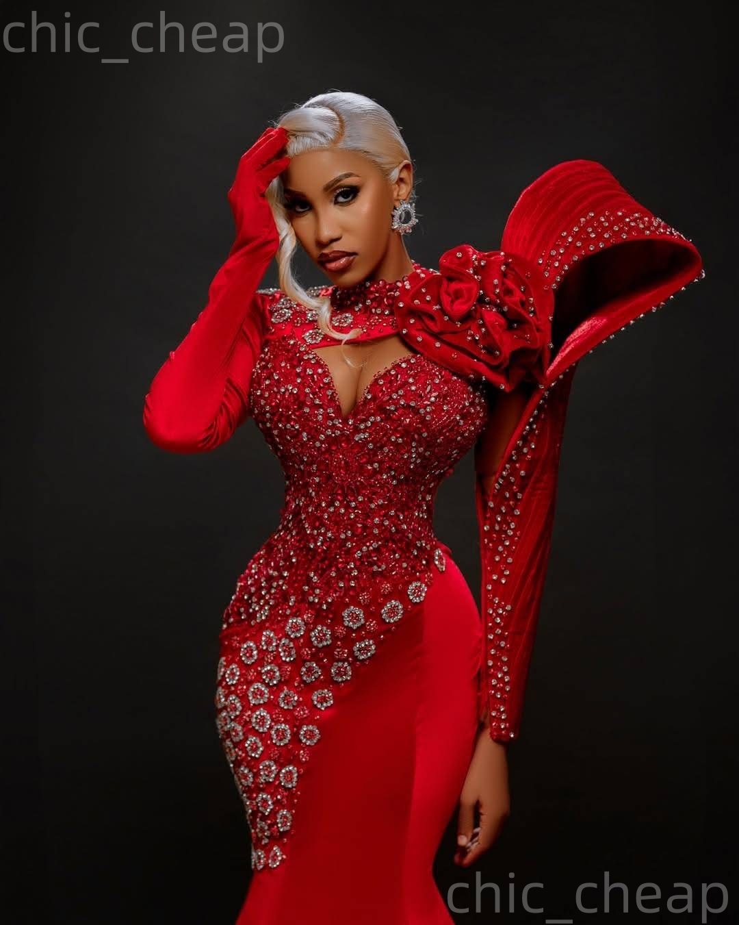 2k26 Red 2026 Prom Dress Mermaid Beaded Crystals Flowers Satin Stylish Evening Dresses For Black Women Birthday Party Formal Receiption Gowns Dresses 