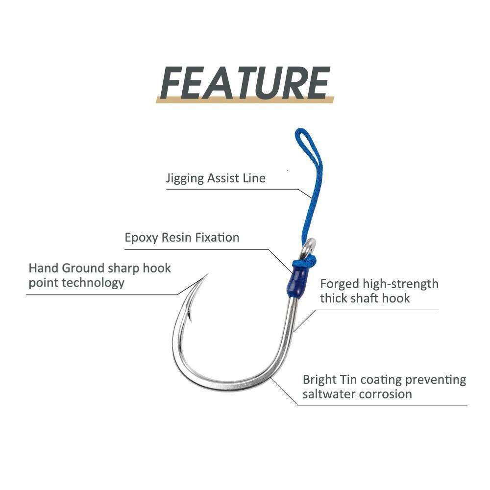 Noeby Heavy Duty Jigging Assist Rig 3PCs Bright Tin Thick Shaft Hook 4/0 5/0 6/0 7/0 Max Strength 149kg Metal Jigs Hooks Z260228