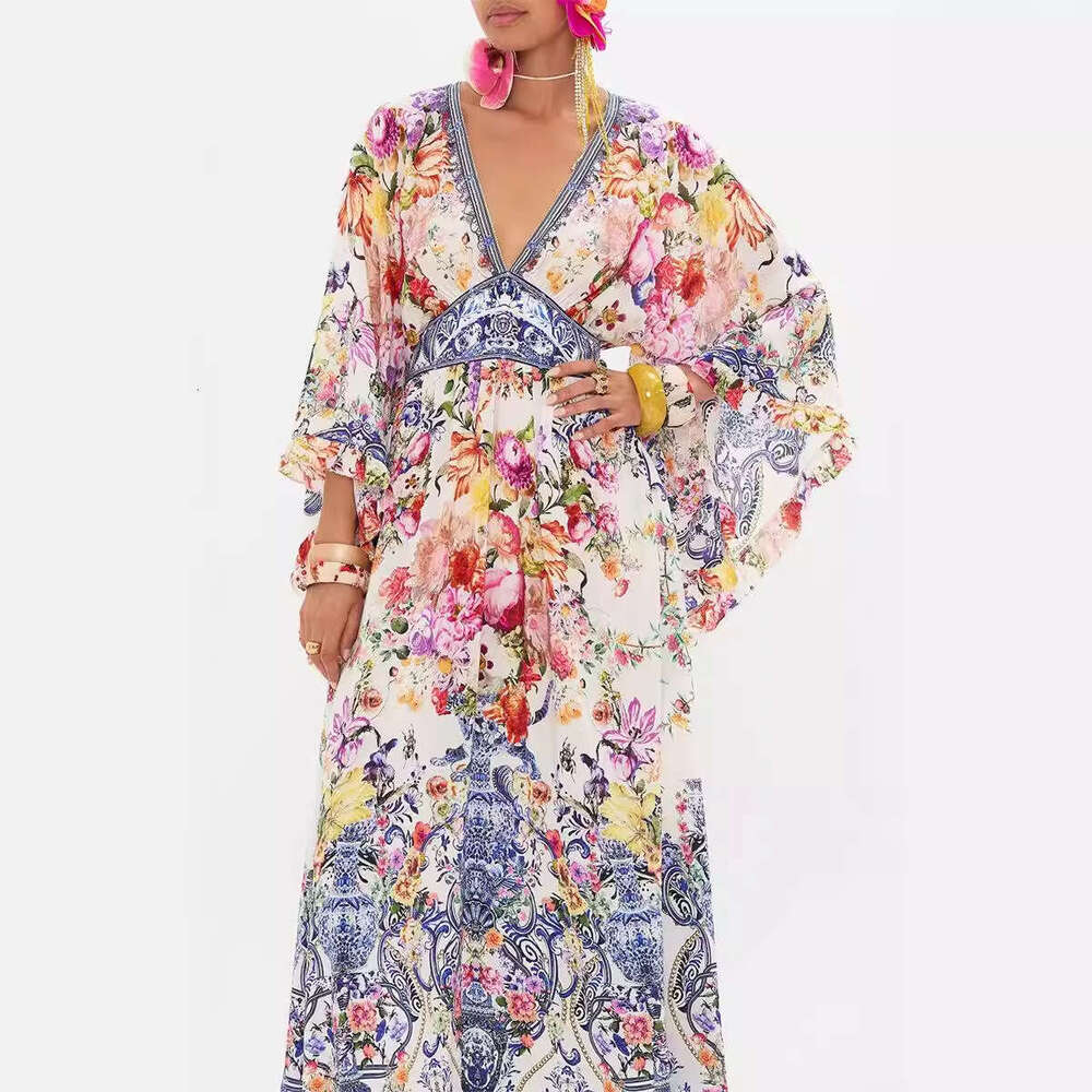 2026 autumn a2 and winter new niche fairy print V-neck bell shaped sleeves elegant goddess vacation long skirt