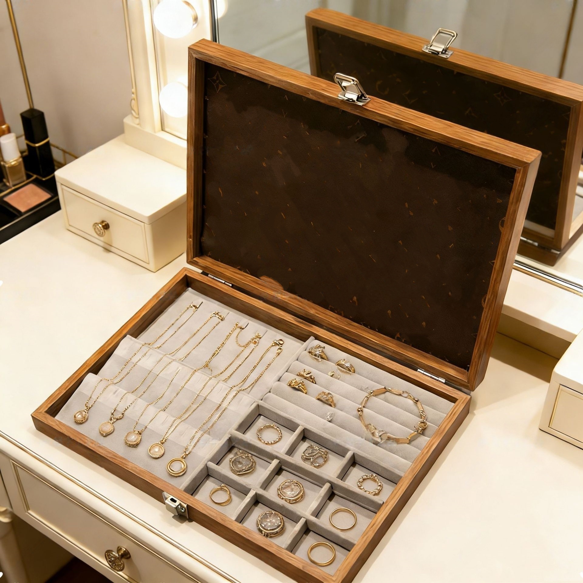 Designer Rectangular Wooden Jewelry Tray Organizer Walnut Finish Display Stand for Necklaces, Earrings, Decorative Storage Box for Vanity, Dresser or Gift Box