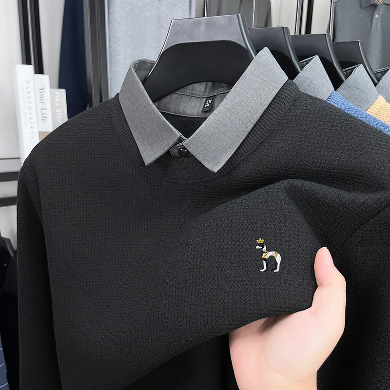 Original Mens Faux Two-Piece Knit Sweater Shirt Collar Long Sleeve Warm Anti Pilling Casual Business Autumn Winter 260227 - view 5