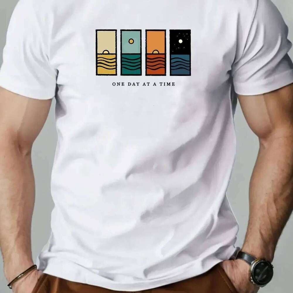 "One Day At A Time" Graphic Casual T-Shirt Summer Short Sleeve Round Neck Tee with Colorful Stripes Men Clothing C260228 - view 3