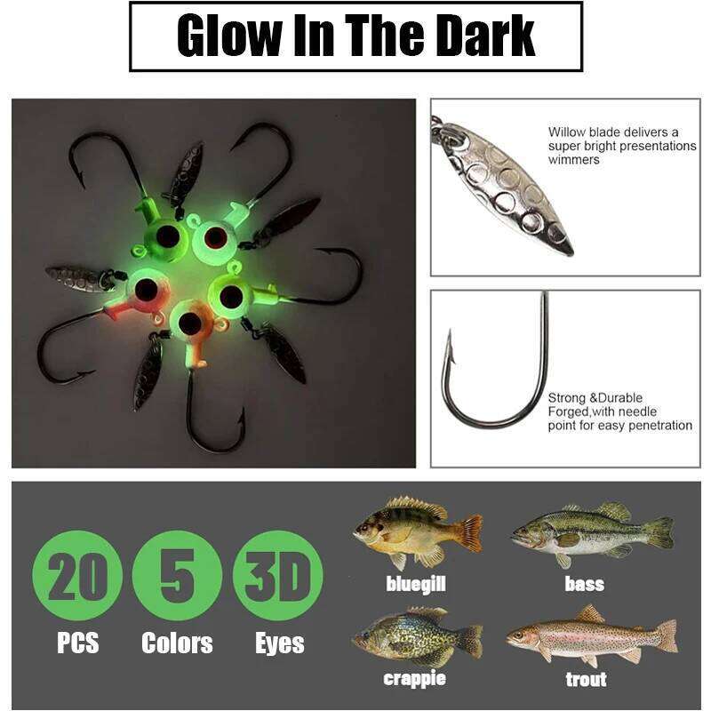 20pcs Underspin Heads Crappie Bass Jig Hook Lure 1/8 3/16 1/4 3/8 oz Accessories Fishing Supplies Glow In The Dark Z260228