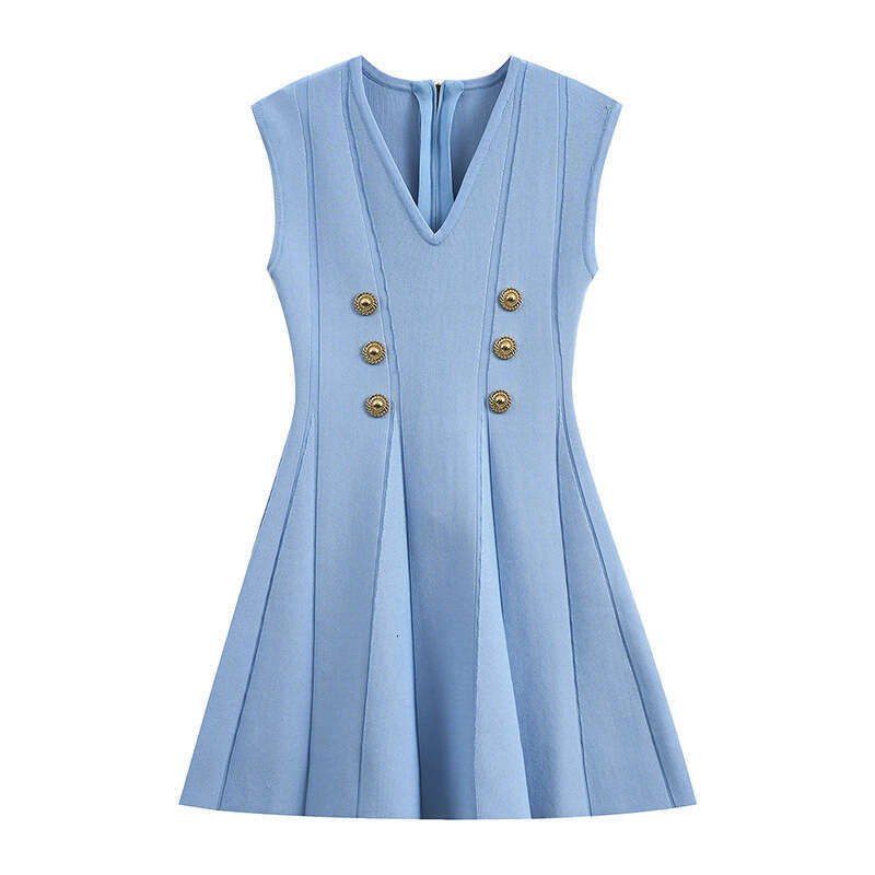 High end French romantic elegant social V-neck metal buckle slim fit fashionable a2 knitted sleeveless dress 2026