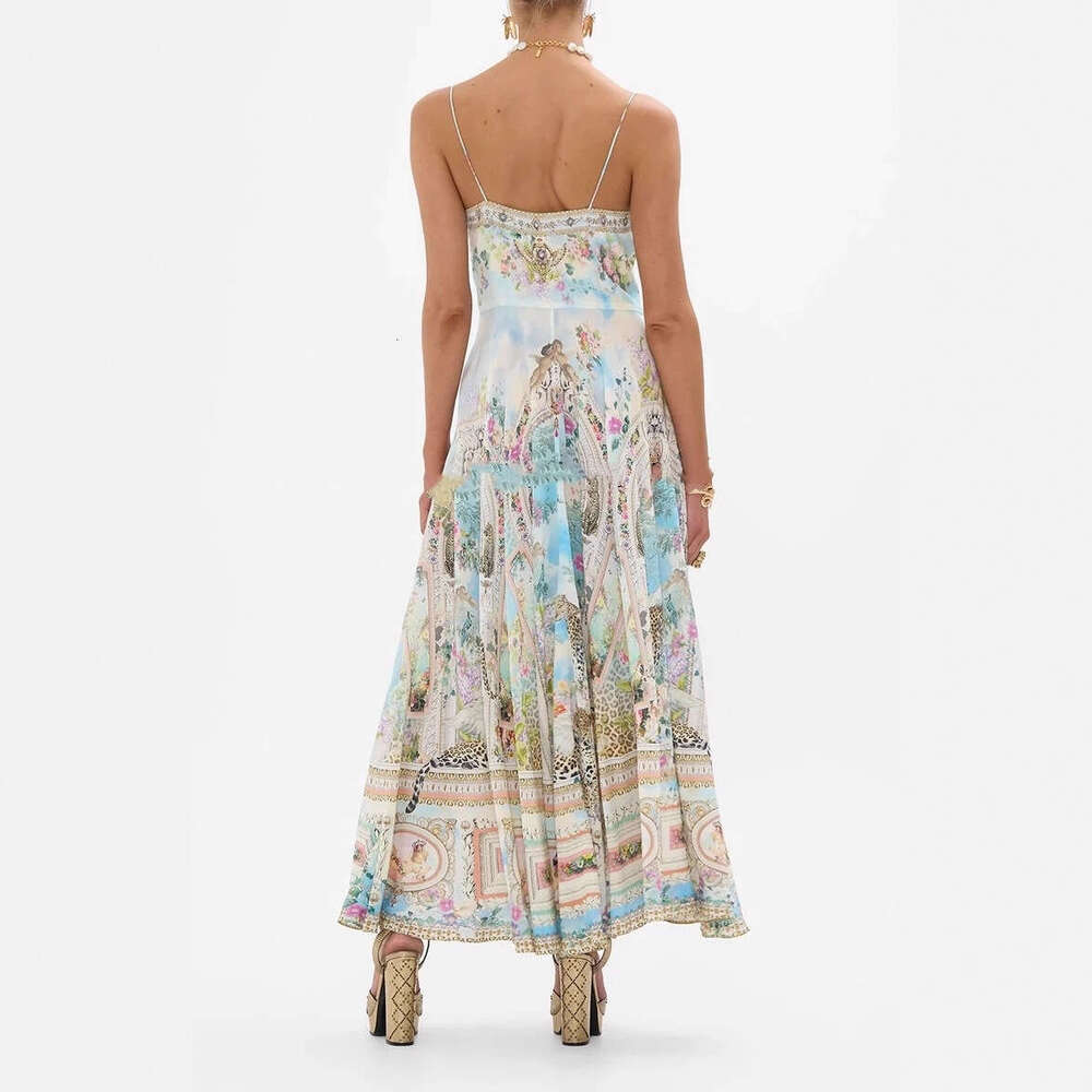 2026 summer fashion brand retro oil painting print sexy suspender fairy like elegant vacation long skirt for women