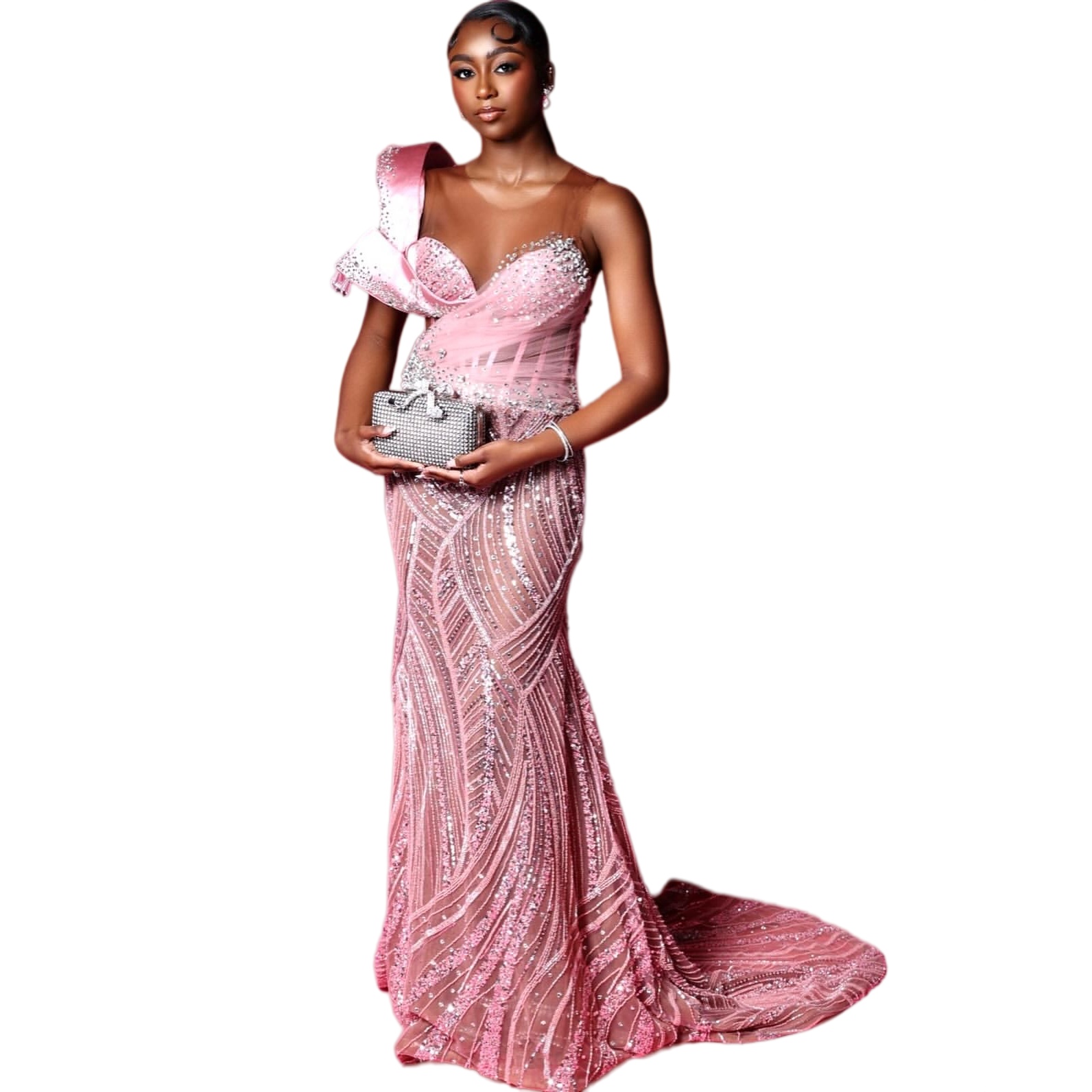 2k26 Pink Prom Dress 2026 Mermaid Beaded Crystals Sheer Neck Sparkly Evening Dresses For Black Women Birthday Party Formal Receiption Gowns Dresses ZJ