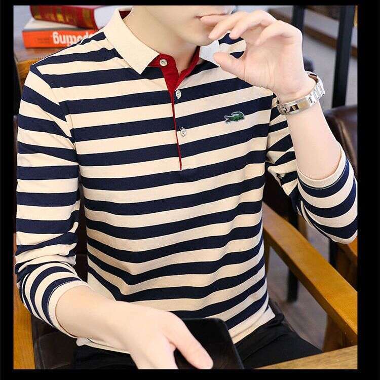 Noble Crocodile Spring and Autumn Embroidered designer handbag Men's Outerwear Long Sleeve Polo Shirt Slim Fit Plus Size LANTI KAST Striped New C