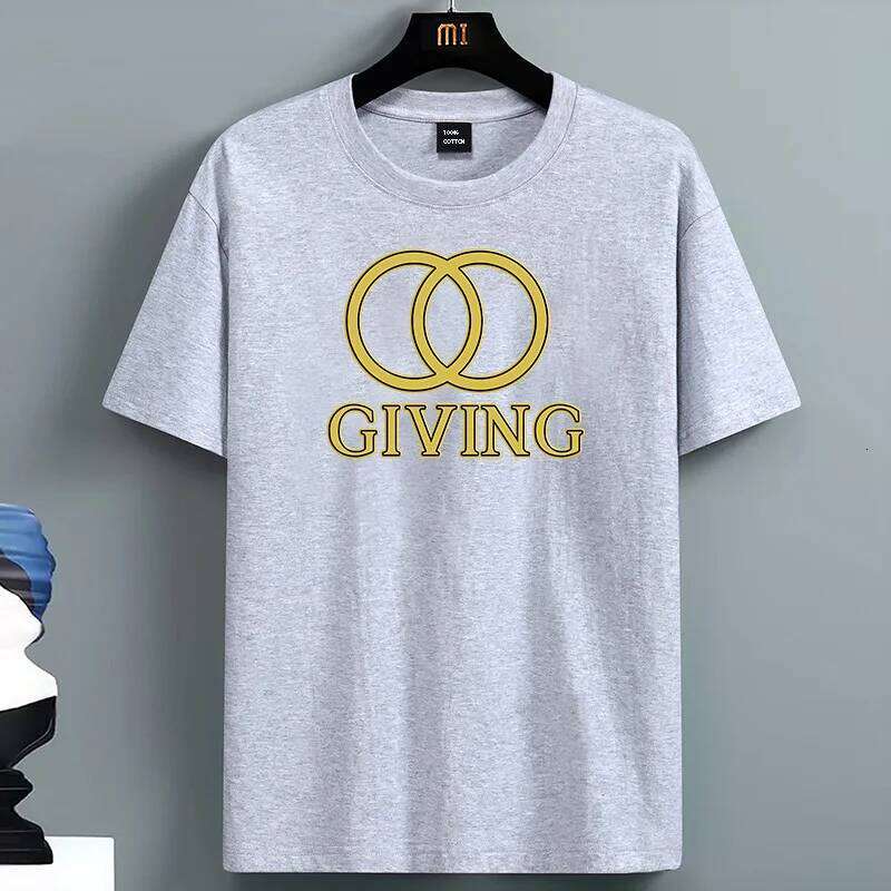For Men's Round Neck Short Sleeve Cotton Oversized T-Shirt with Gold Double Ring "GIVING" Graphic Print Casual Summer Top C260228 - view 5