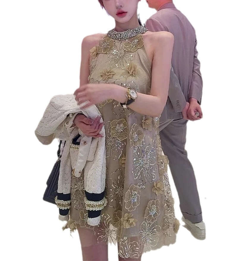 2026 luxurious and elegant dress with heavy sequin embroidery, 3D flower decals, champagne gold rhinestone