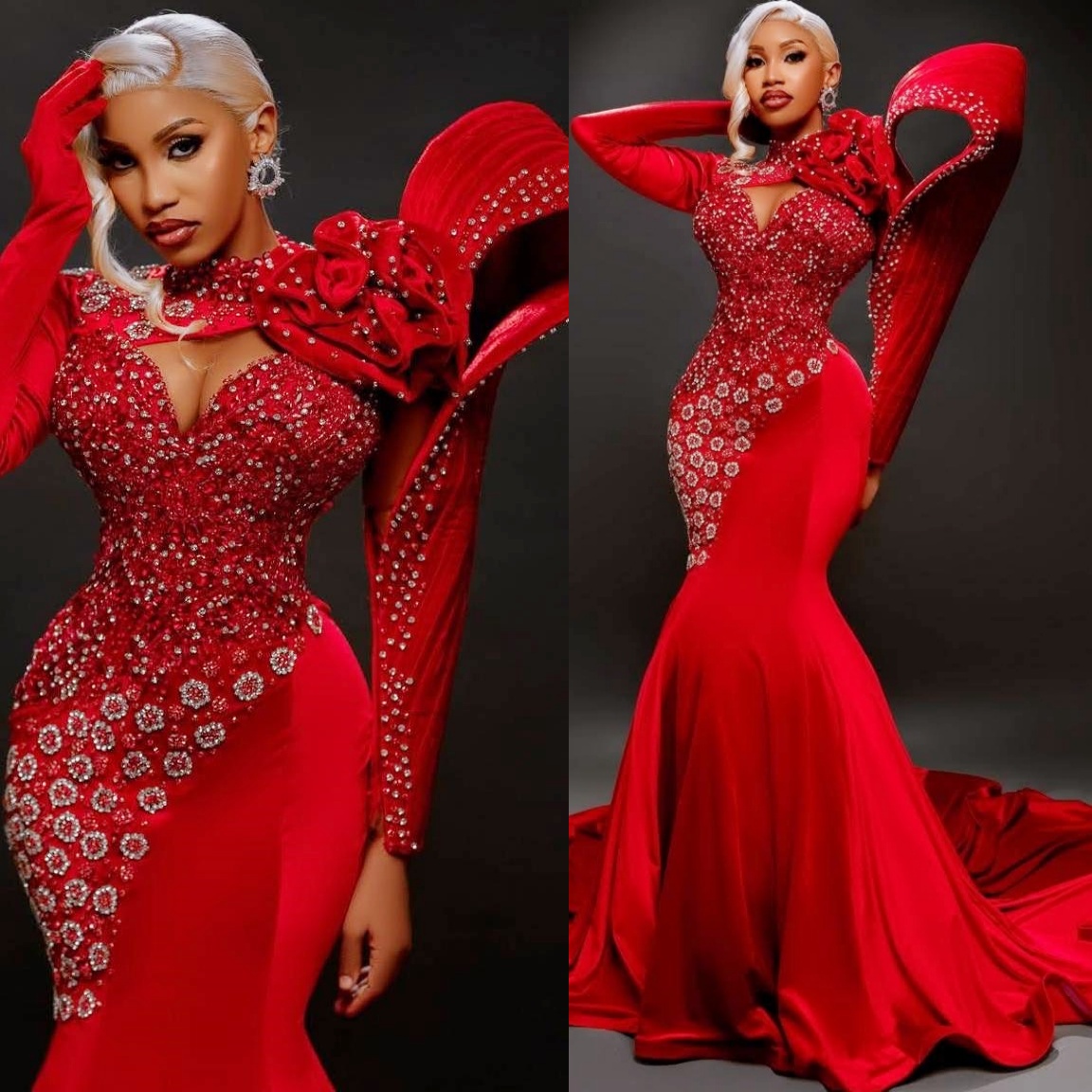 2k26 Red 2026 Prom Dress Mermaid Beaded Crystals Flowers Satin Stylish Evening Dresses For Black Women Birthday Party Formal Receiption Gowns Dresses 