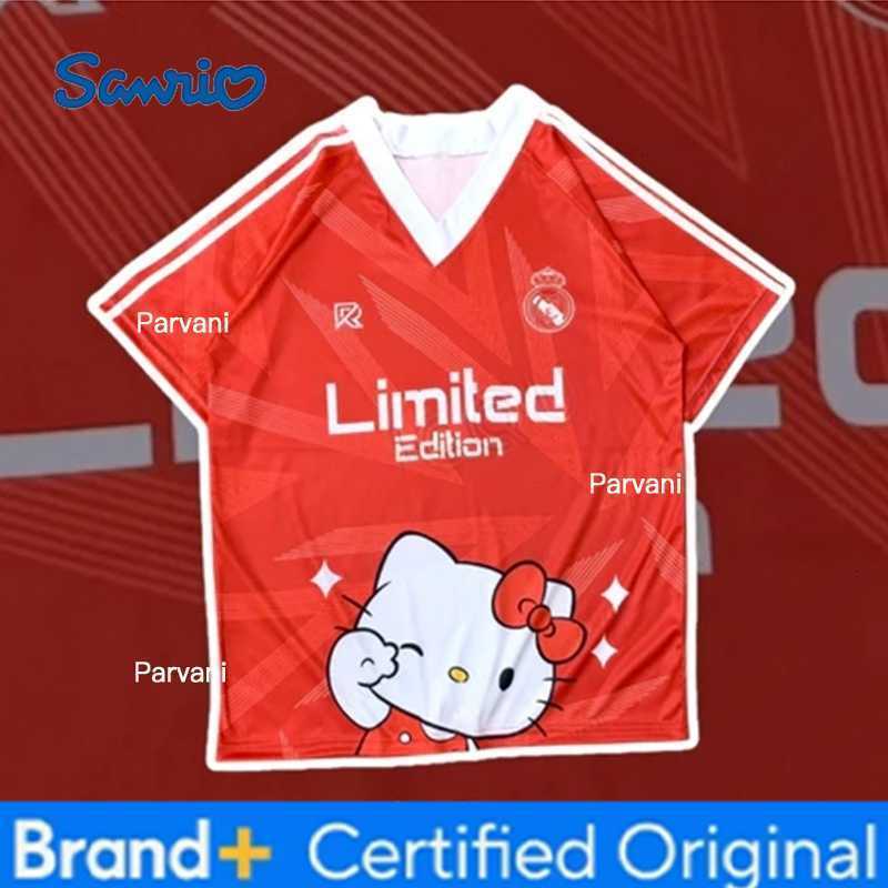Sanrio Summer New Retro HelloKitty Printed T-Shirt for Women V-Neck Short Sleeve Sports Football Jersey Y2K Loose Oversized Tops H260228
