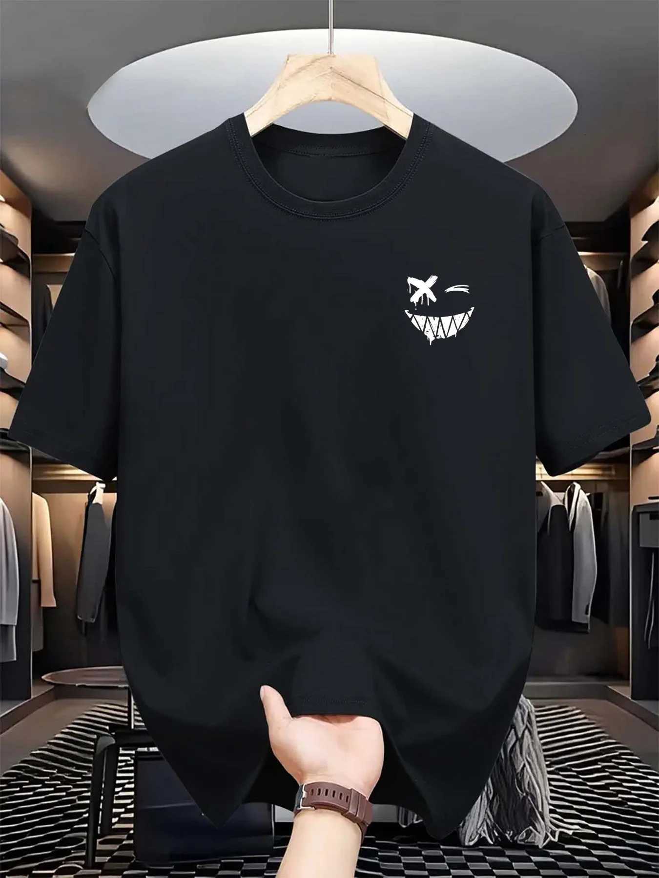 Men's 100% Cotton Smiley Face Print T-Shirt Summer Fashion Casual Loose Round Neck Short SleeveT260228