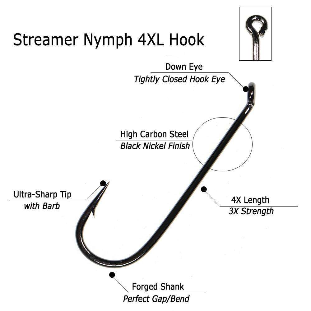 Bimoo 30pcs Tying Streamer Nymph 4XL Hooks with Down Eye 4X Length Muddlers Zonkers Fly Fishing Barbed Hook Black Nickel Z260228
