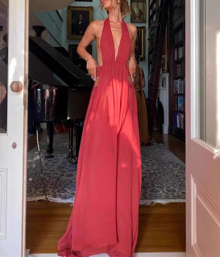 2026 summer European and American niche sexy backless collar V-neck deep backless silk smooth long skirt big hem vacation style women