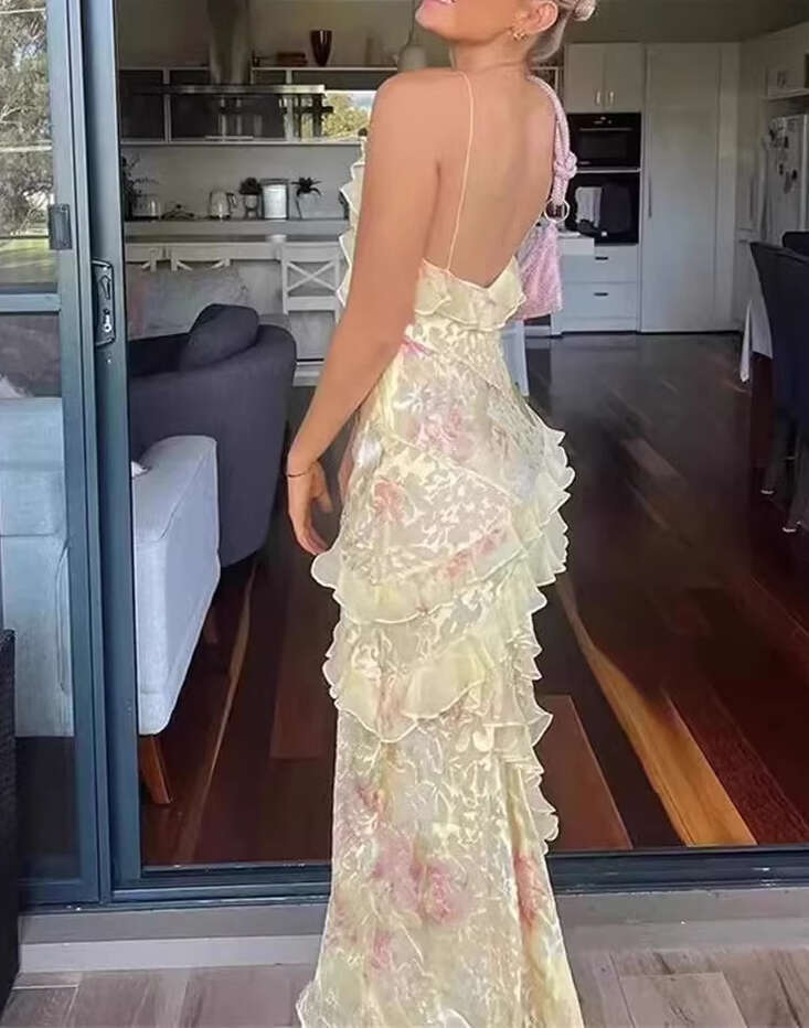 2026 Spring/Summer New Women's Sexy Strapless Ruffle Dark Flower Pattern Slimming Long Skirt