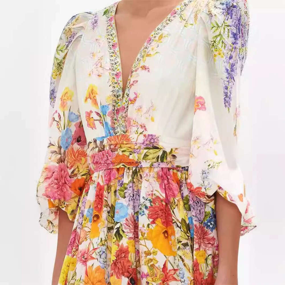 2026 Spring/Summer New Designer Fashion Fairy style Flower V-neck a2 Lantern Sleeve Sweet Skirt