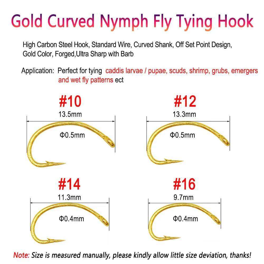 Bimoo 50pcs 100pcs #10 #12 #14 #16 Golden Curved Nymph Fly Tying Hook Scud Shrimp Pupae Larvae Caddis Emerges Trout Fishing Lure Z260228
