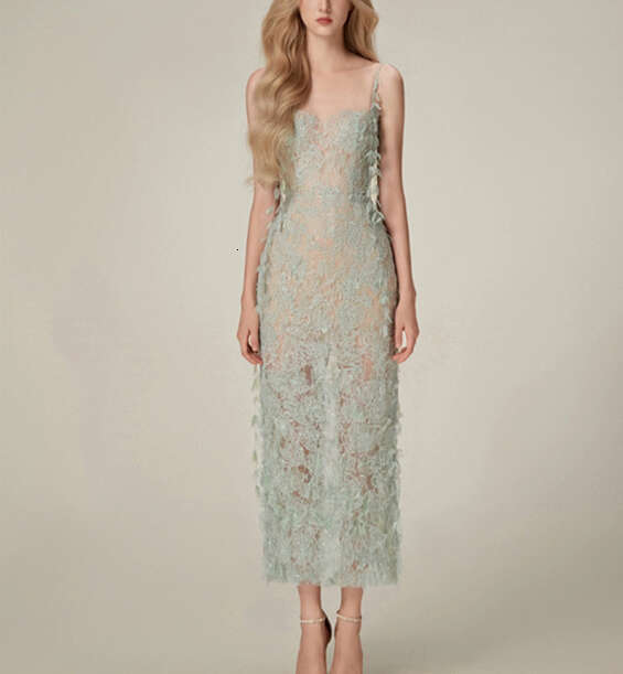 2026 niche designer fashionable romantic fairy style slim shoulder strap mesh embroidered lace a3 slim fit dress