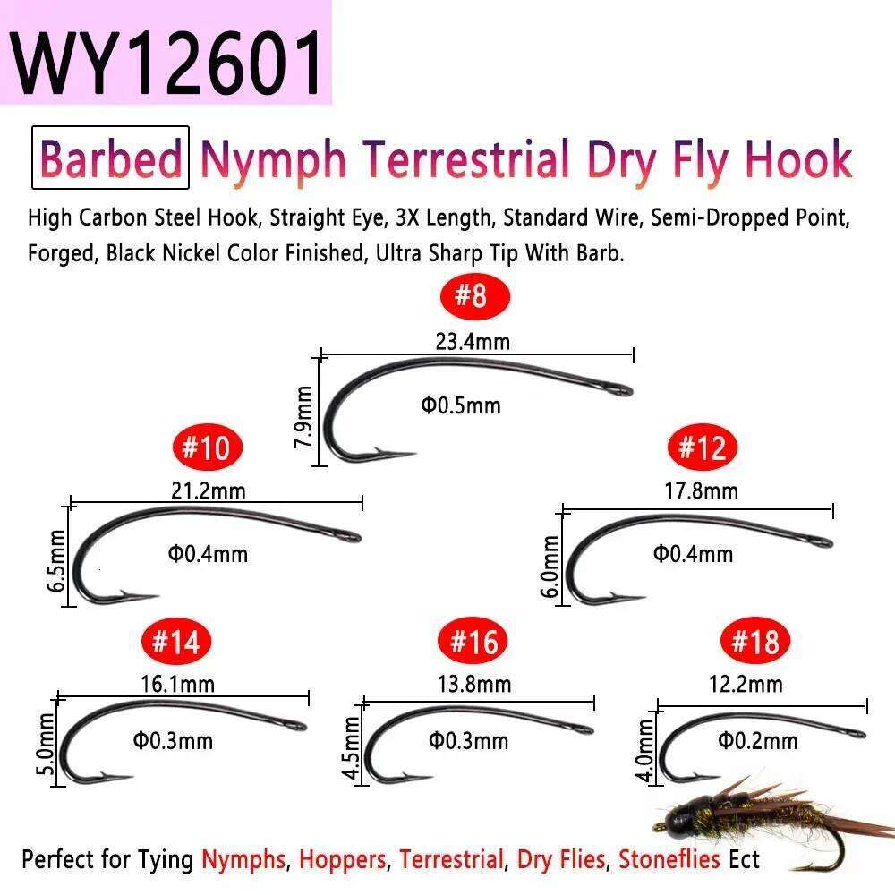 Bimoo 50pcs High Carbon Steel Barb & Barbless Tying Hook For Dry Wet Jig Nymph Egg Caddis Pupa Fly Trout Fishing Lure Z260228