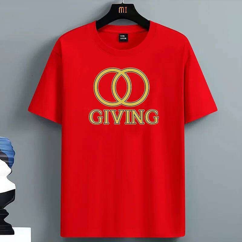 For Men's Round Neck Short Sleeve Cotton Oversized T-Shirt with Gold Double Ring "GIVING" Graphic Print Casual Summer Top C260228 - view 7