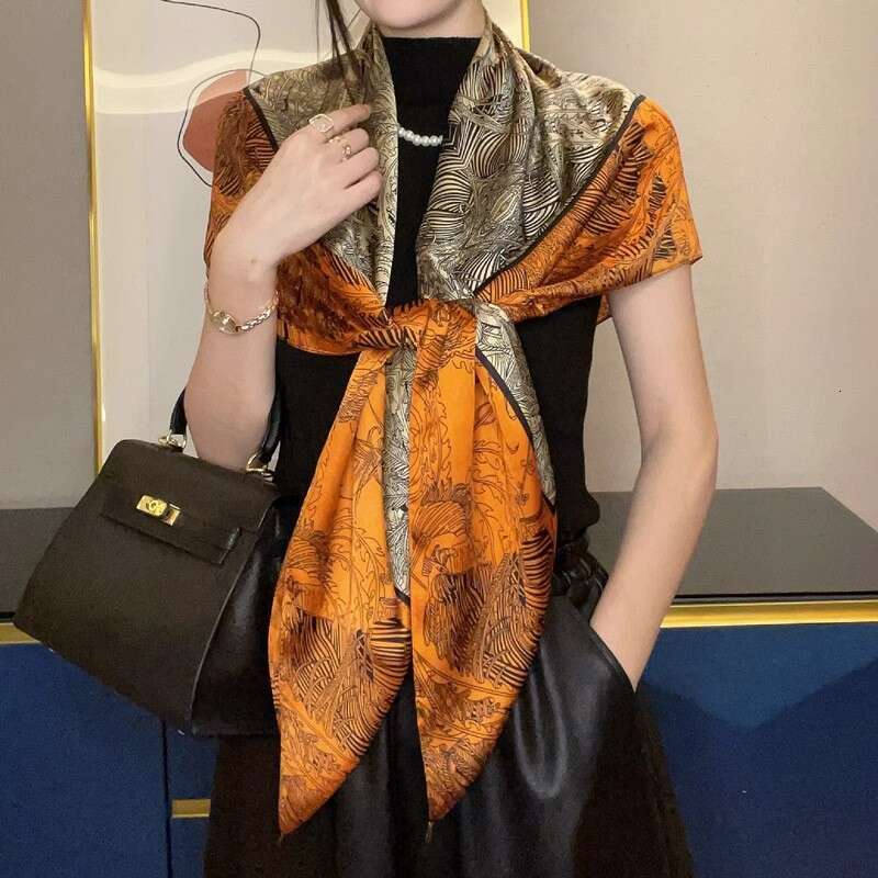 Elegant Orange Square 110 Printed Faux Silk Scarf Women Sun Protection Shawl Suitable As A Gift For Mom