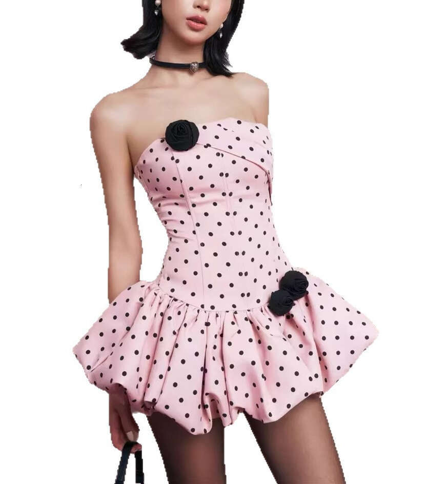 2026 niche design sexy sweet style strapless polka dot waist slimming mini fluffy dress suitable for petite women