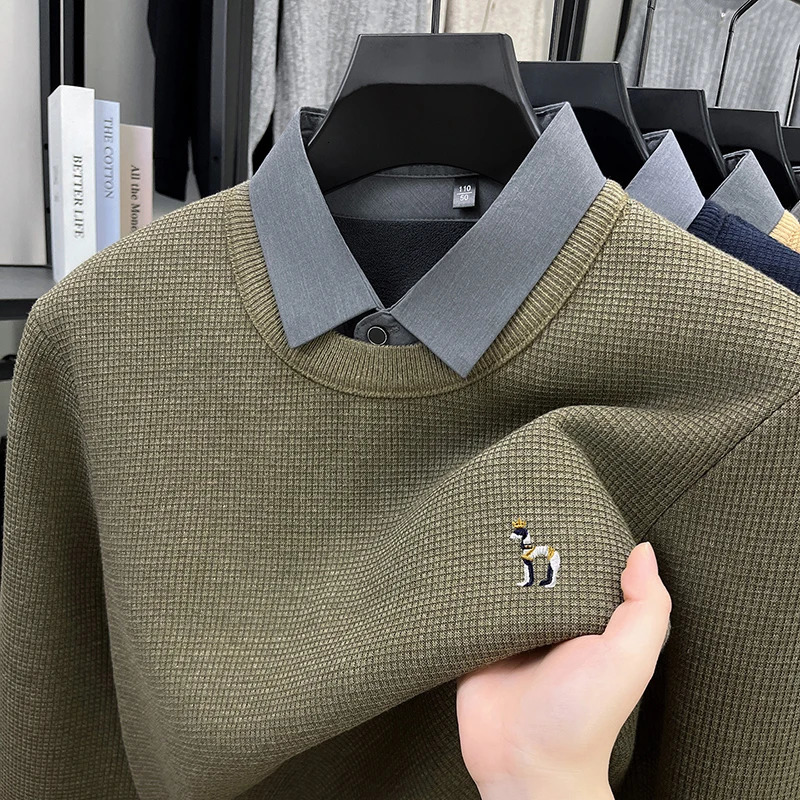 Original Mens Faux Two-Piece Knit Sweater Shirt Collar Long Sleeve Warm Anti Pilling Casual Business Autumn Winter 260227 - view 4