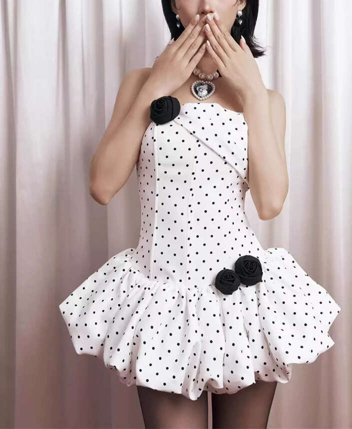2026 niche design sexy sweet style strapless polka dot waist slimming mini fluffy A1 dress suitable for petite women