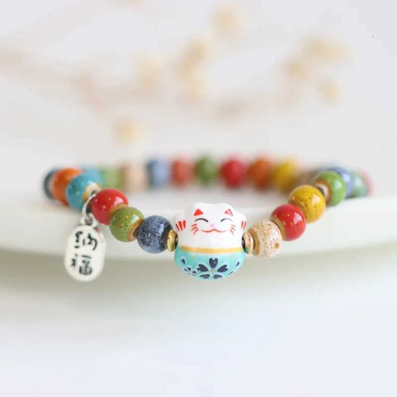 Cute Lucky Cat Bracelet For Girls Adjustable Colorful Beaded Bracelets Ceramics Cat Pendant Charm Bracelets Jewelry Wholesale H260228