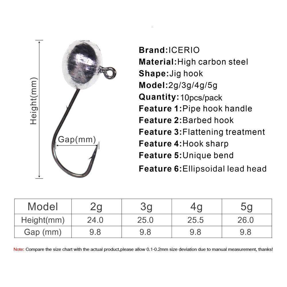 ICERIO 10PCS 2g 3g 4g 5g Oval Shape Ball Weighted Jig Head Double Barbed Soft Worm Lure Hook For Fishing Z260228