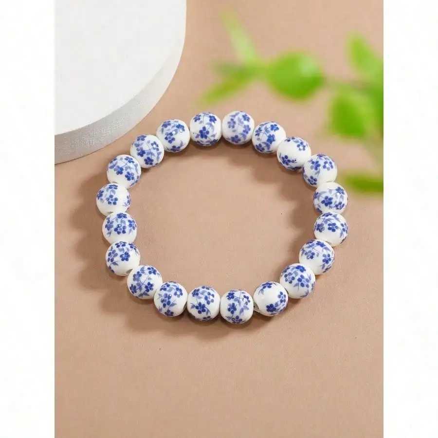 1pc Chinese Blue Floral Ceramic Bead Bracelet For Women - Round Simple Design Fashion Jewelry Perfect For H260228