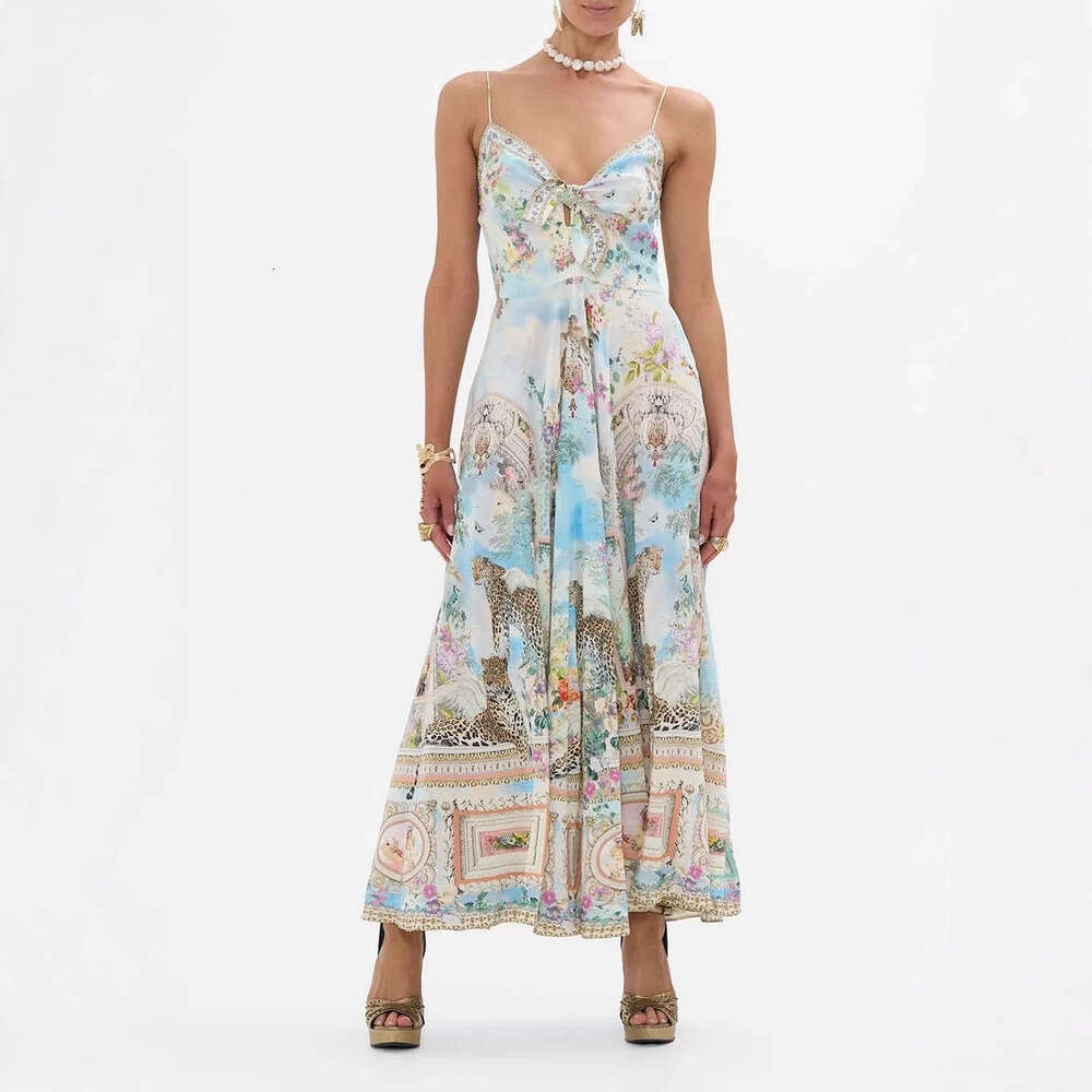 2026 summer fashion brand retro oil painting print sexy suspender fairy like elegant vacation long skirt for women