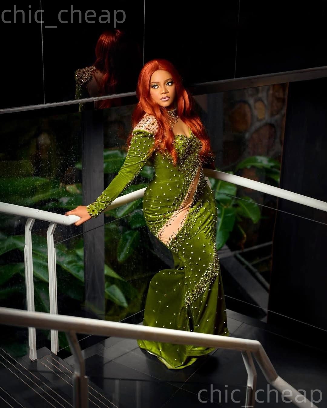 2k26 Green Prom Dress 2026 Mermaid Illusion Beaded Crystals Velvet Evening Dresses For Black Women Birthday Party Formal Receiption Gowns Dresses ZJ07