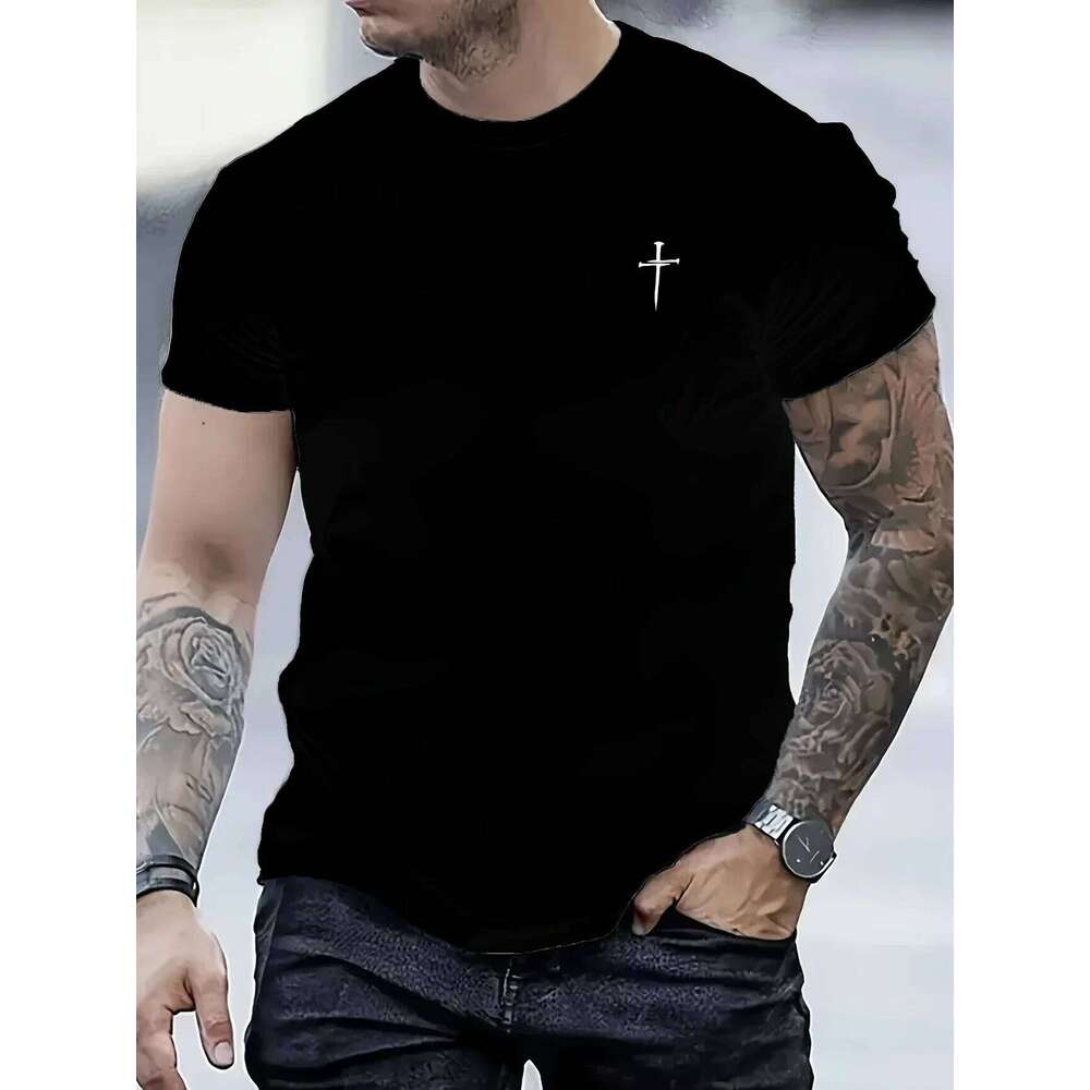 Men's casual round neck with cross design summer top daily | Minimalist style T-shirt comfortable fit C260228 - view 3