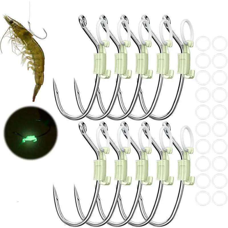 10pcs Walker Luminous Baitholder Barbed and Perforated Carbon Steel Fishing For Carrying Live Shrimp Lures Hooks Z260228