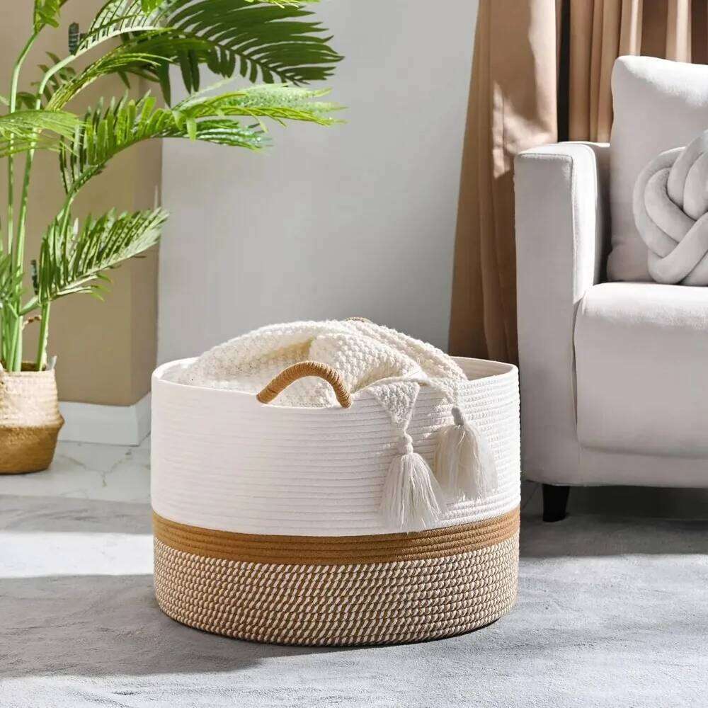 Large Basket,Woven Baskets storage Baby Hamper, Cotton Rope Blanket Basket for Living Room, Laundry 26Y0228