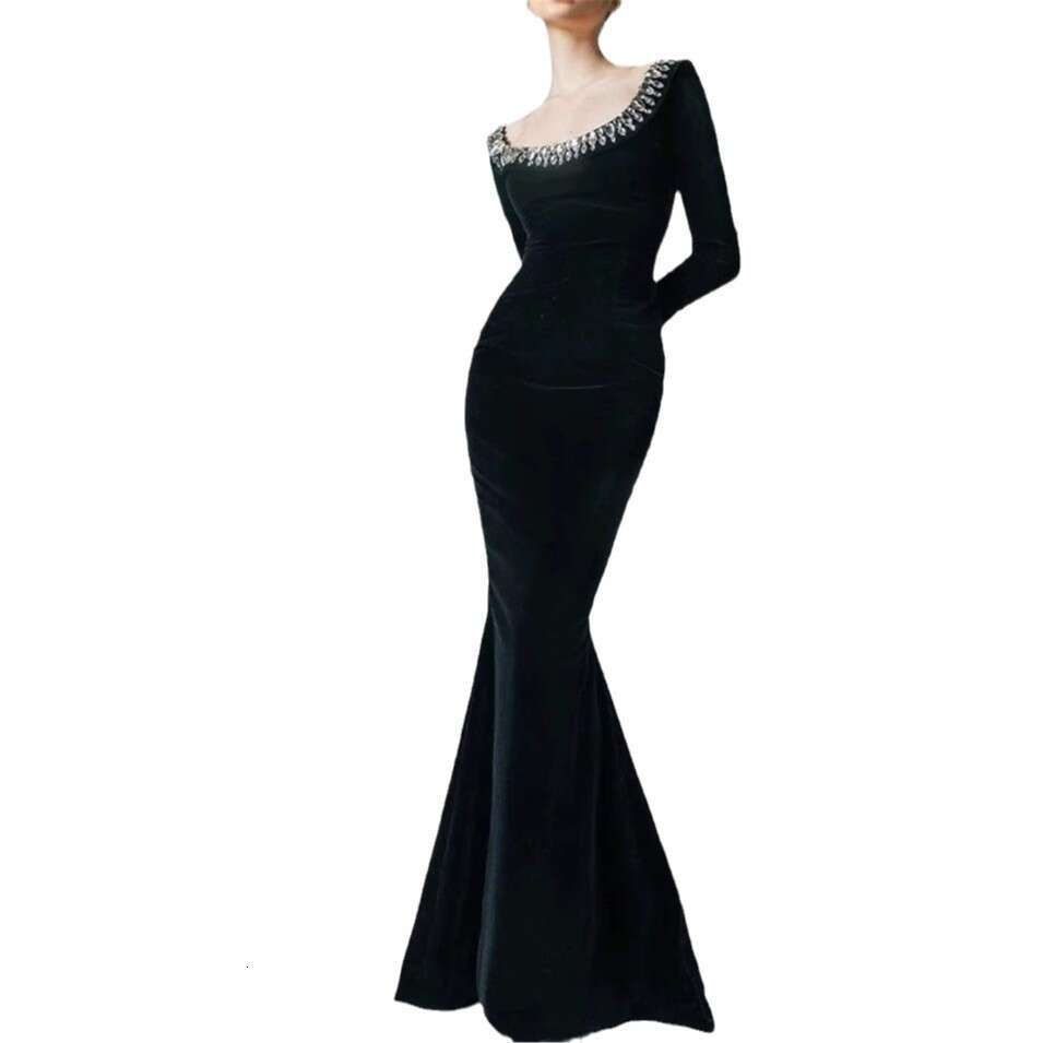 2026 Spring Elegant Women's Sexy Design Diamond Decoration Deep U Neck Elastic a3 Velvet Slimming Mermaid Long Dress