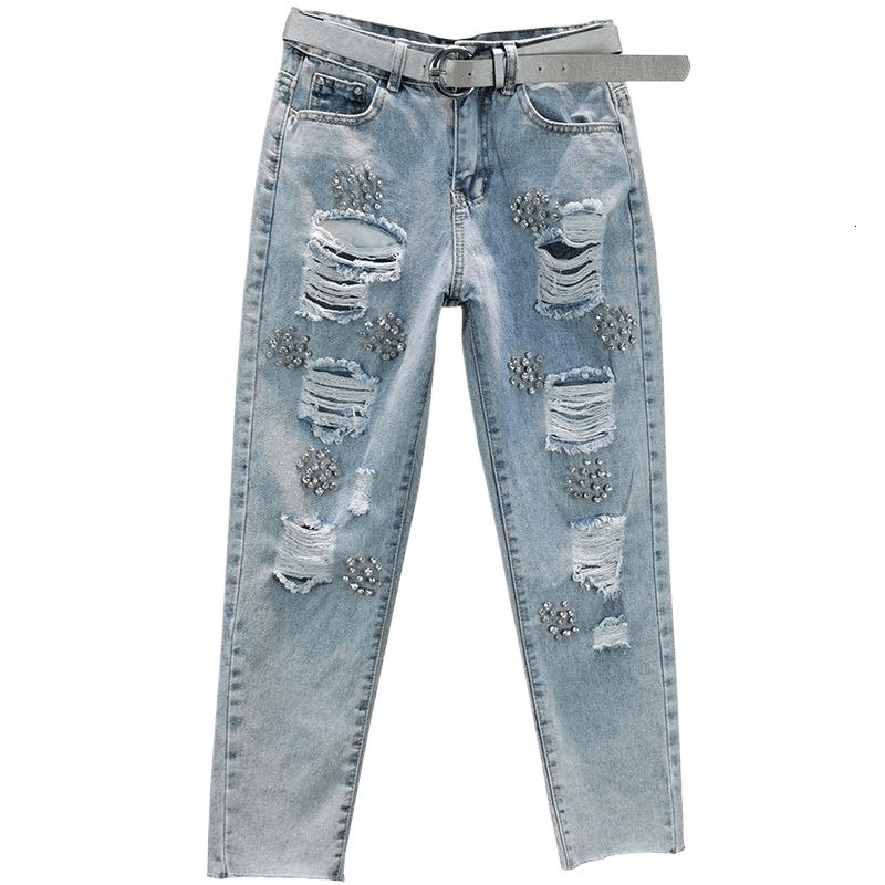 Womens trendy jeans 2026 summer new style loose fit slimming heavy-duty rhinestone embellished ripped cropped flare pants 251128