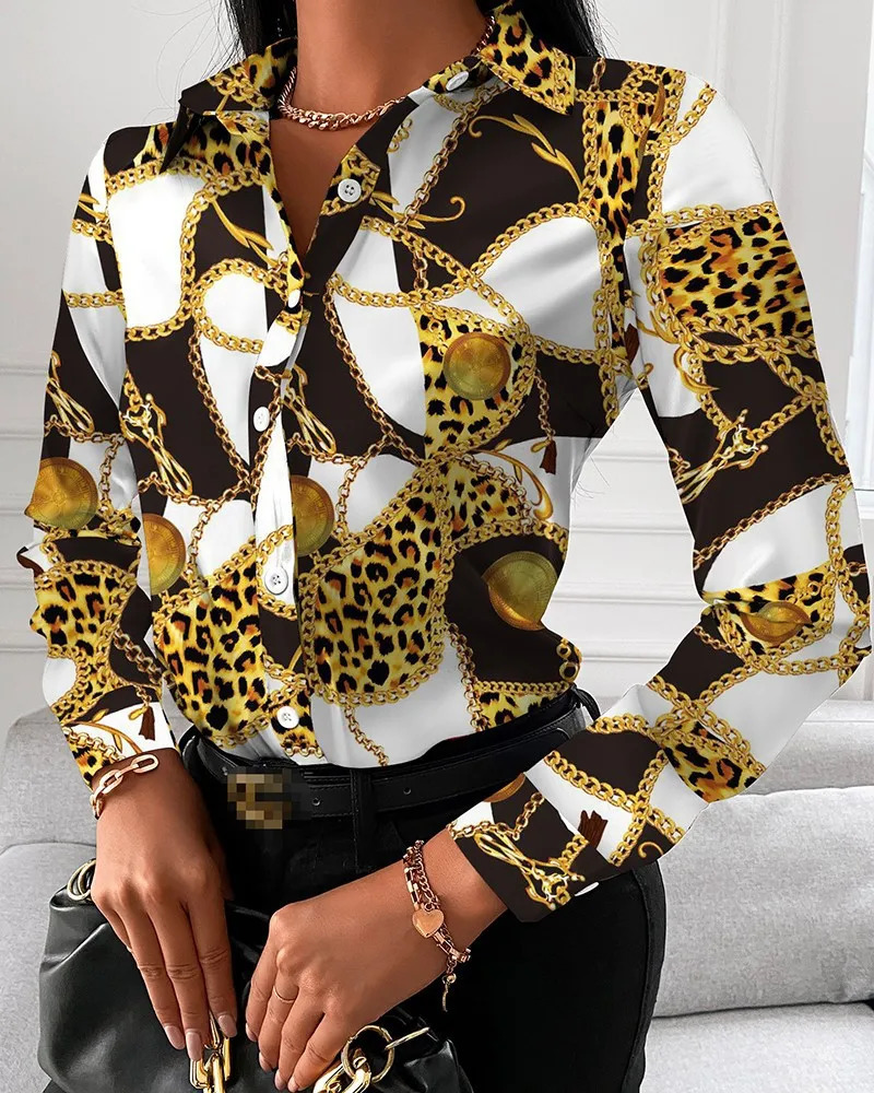 Women Fashion Wild Shirts ChainFloralLetterGeometric Square Print Turn-Down Collar Long Sleeve Blouses 260227 - view 4