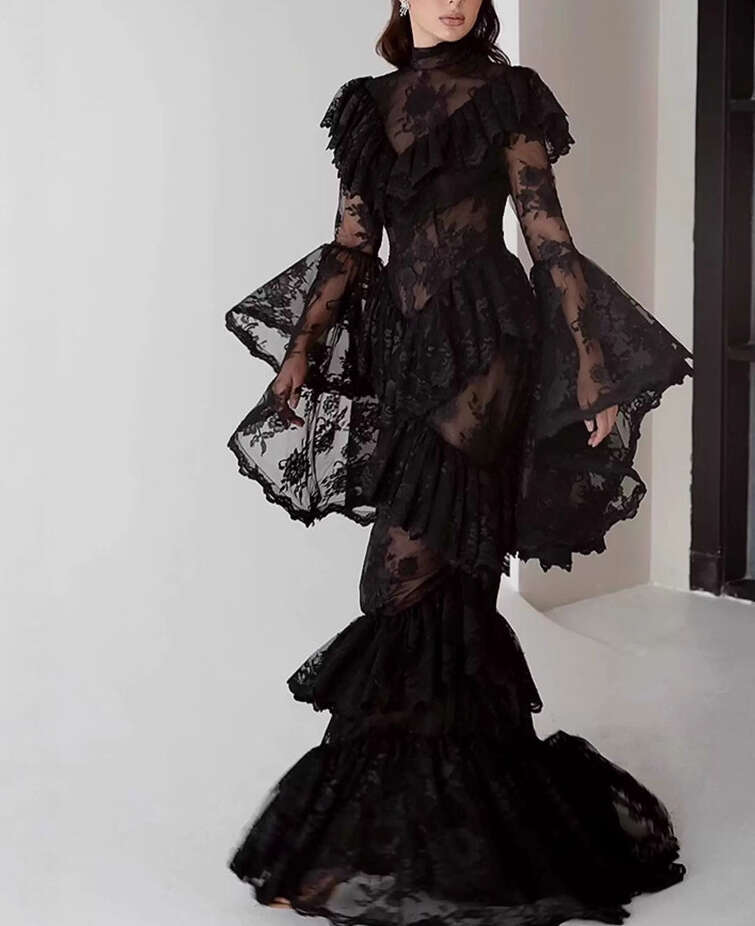 2026 autumn/winter new niche design celebrity goddess transparent lace bell shaped sleeves slim a3 fit fish tail long skirt