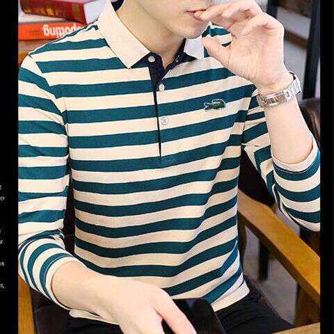 Noble Crocodile Spring and Autumn Embroidered designer handbag Men's Outerwear Long Sleeve Polo Shirt Slim Fit Plus Size LANTI KAST Striped New C