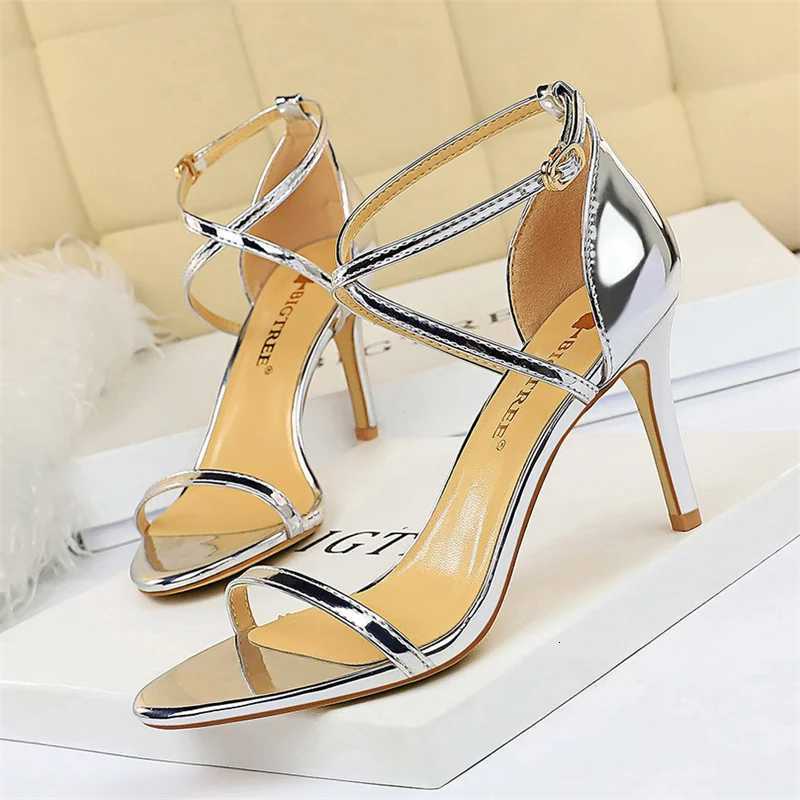 Women Thin High Heels Summer Champagne Gold Open Toe Strap Sandals Roman Pumps Gladiators Hollow Cross Strap Sandals K260228
