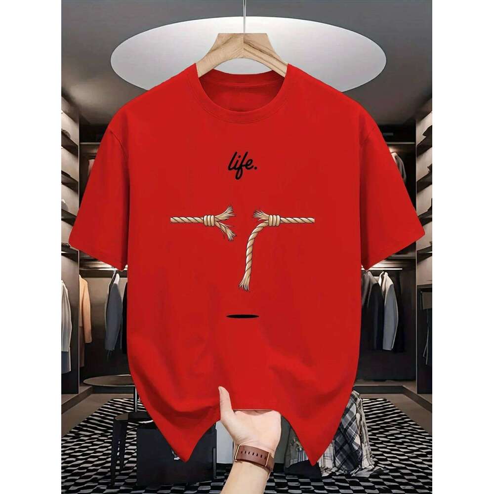 A man's life is like a rope pattern printed 100% pure cotton casual and fashionable round-neck loose short-sleeved T-shirt top C260228 - view 4