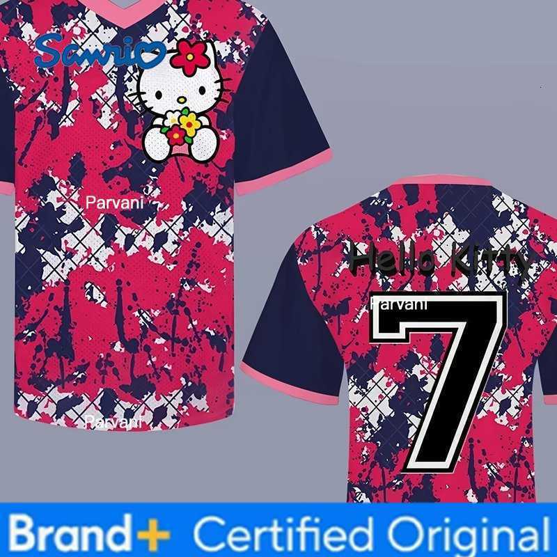Sanrio 2026 Hello Kitty V-neck Special Edition Football Jersey Casual Sport Short Sleeve Harajuku Loose Tshirt Streetwear Kids/Adults H260228