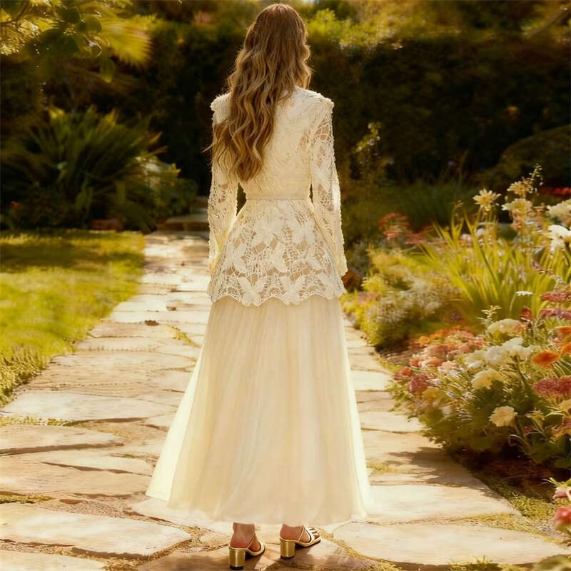 2026 Spring/Summer Elegant Ladies' Fairy like Hollow Butterfly Lace Open Knitted Woolen Sweater Folded Long Skirt Set