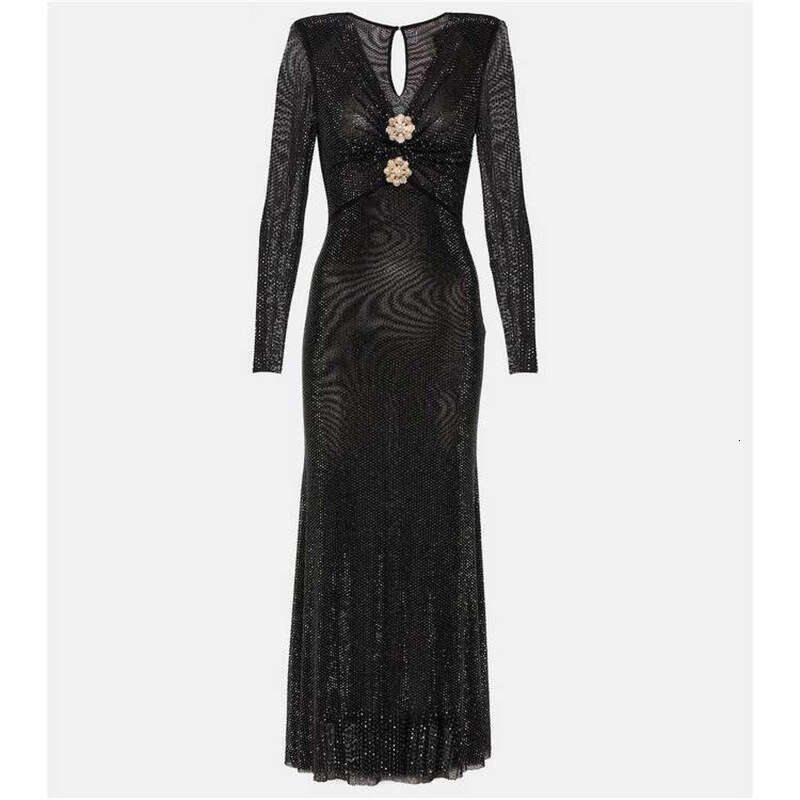 Elegant and fashionable a3 dress with shiny rhinestone, eye-catching V-neck slim fit and tight design, flower button 2026